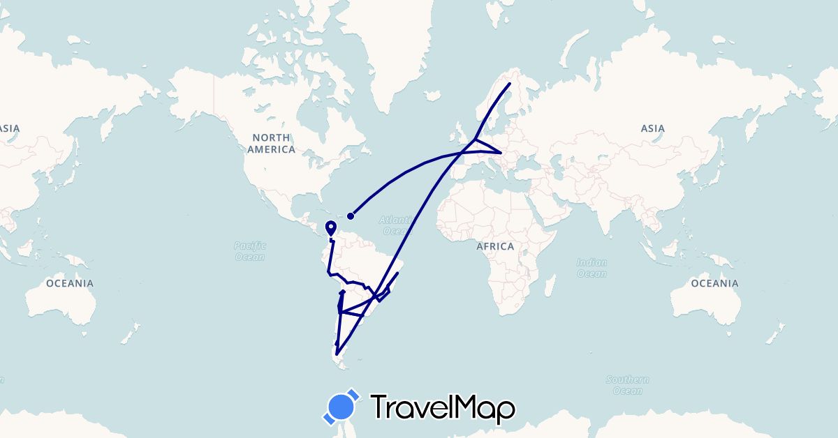 TravelMap itinerary: driving in Argentina, Bolivia, Brazil, Chile, Colombia, Finland, Hungary, Netherlands, Peru, Uruguay, British Virgin Islands (Europe, North America, South America)
